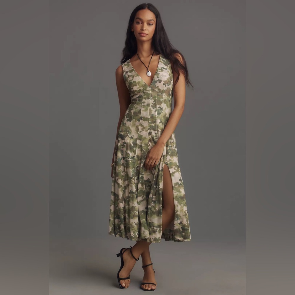 Anthropologie Pilcro green camo midi mesh dress size xs retails $160